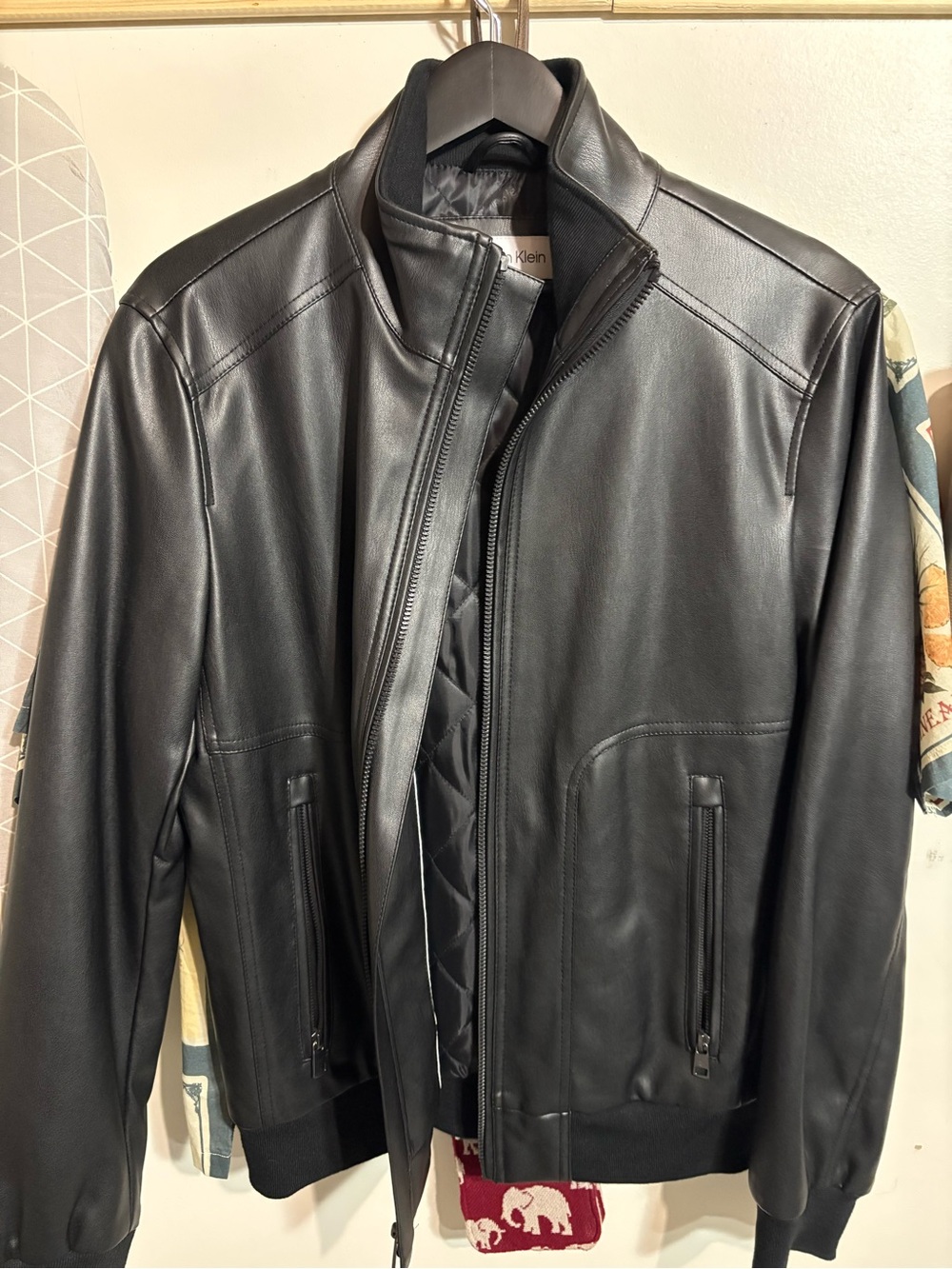 Calvin Klein Black Leather Zip-Front Bomber Jacket
